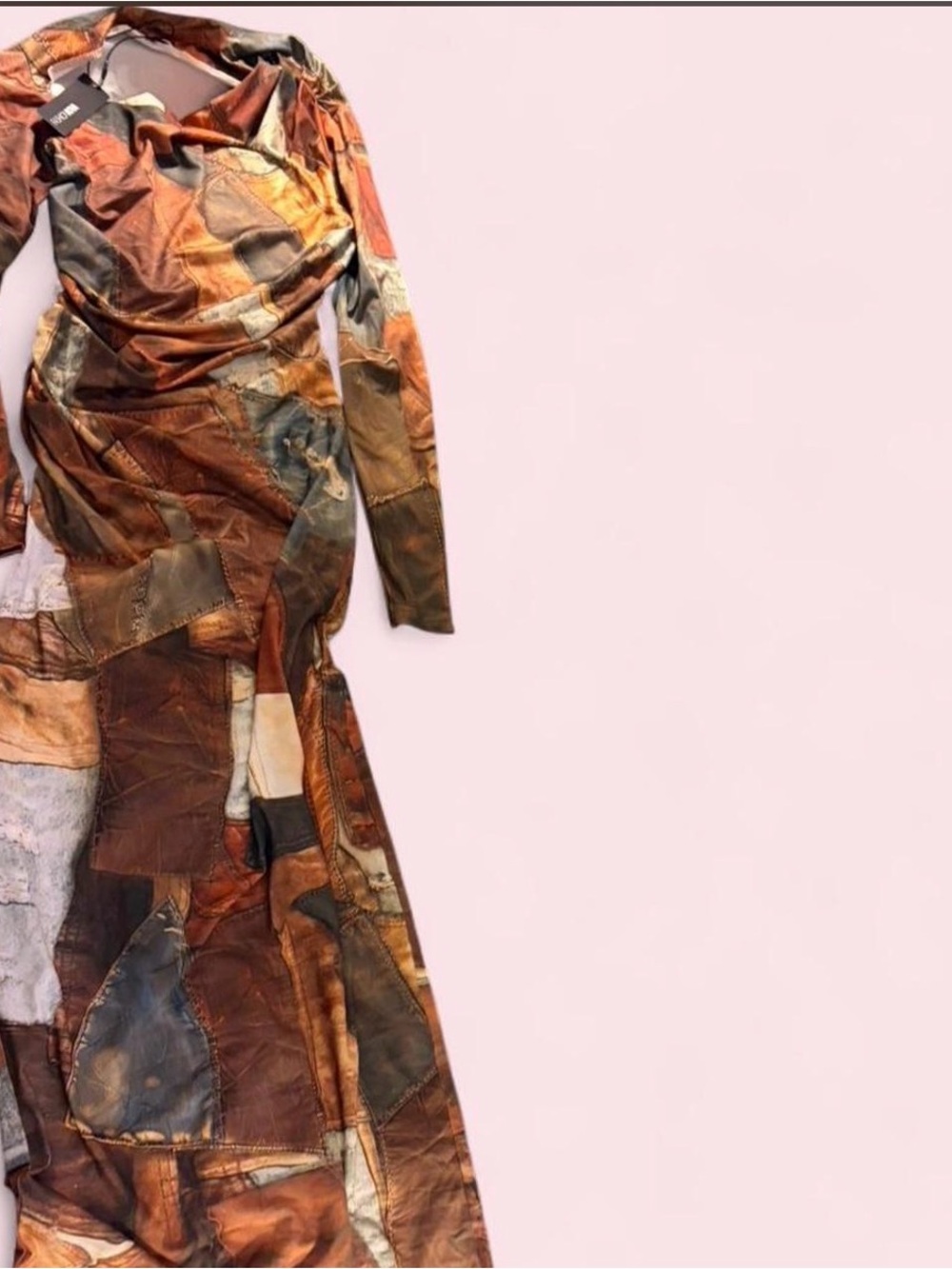 Fashion Nova Long Sleeve Patchwork Maxi Dress - Brown Multi Tones